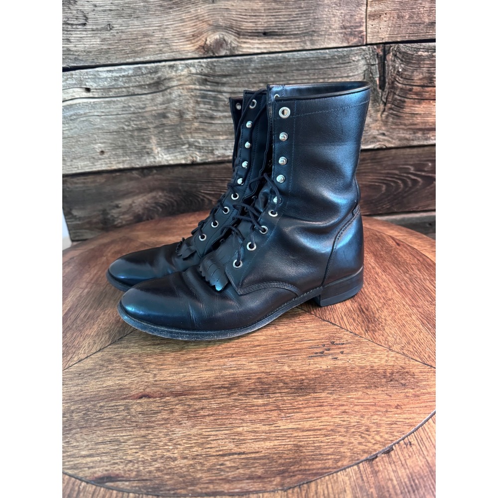 Justin 1879 Style 506 Black Leather Kiltie Packer Boots Mens 9.5 D Round Toe